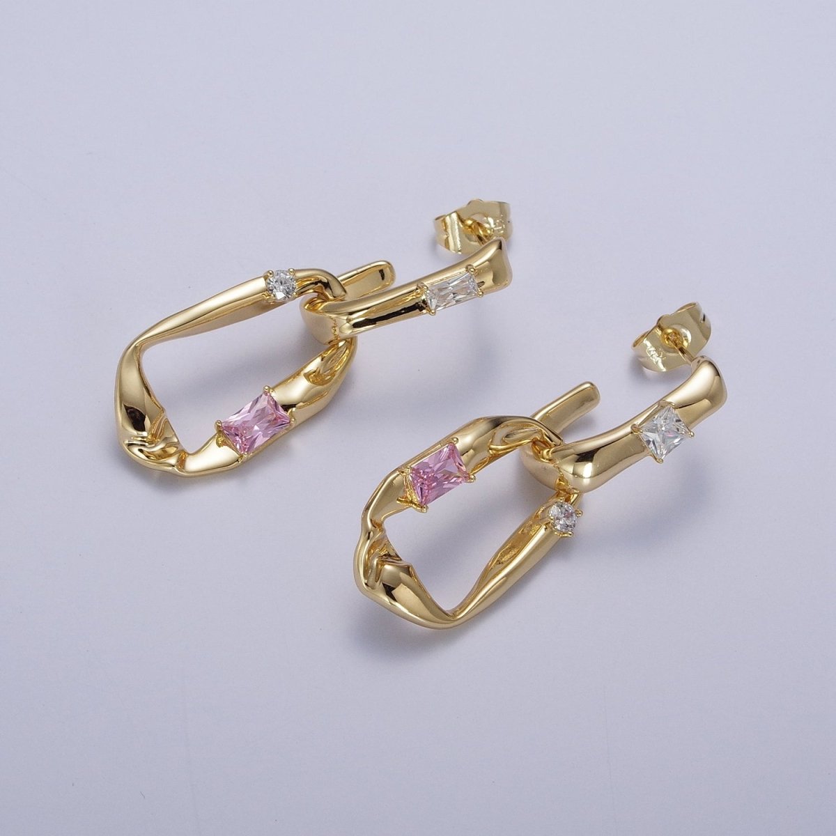 Gold Hammered J Shaped Hoop Abstract Baguette Cubic Zirconia Dangle Drop Stud Earrings | AD-060