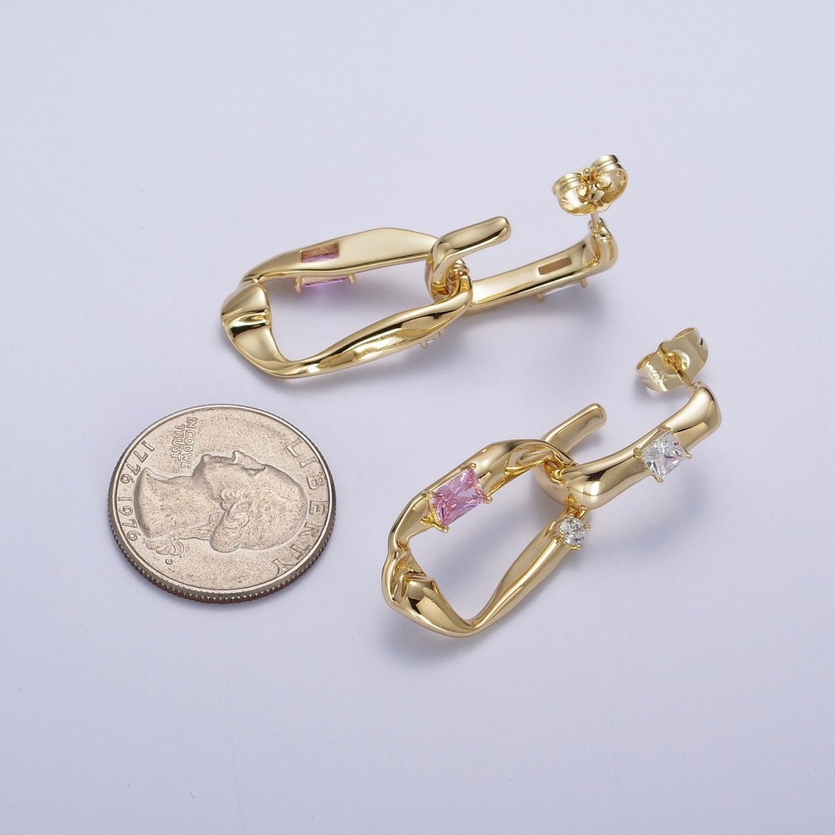 Gold Hammered J Shaped Hoop Abstract Baguette Cubic Zirconia Dangle Drop Stud Earrings | AD-060