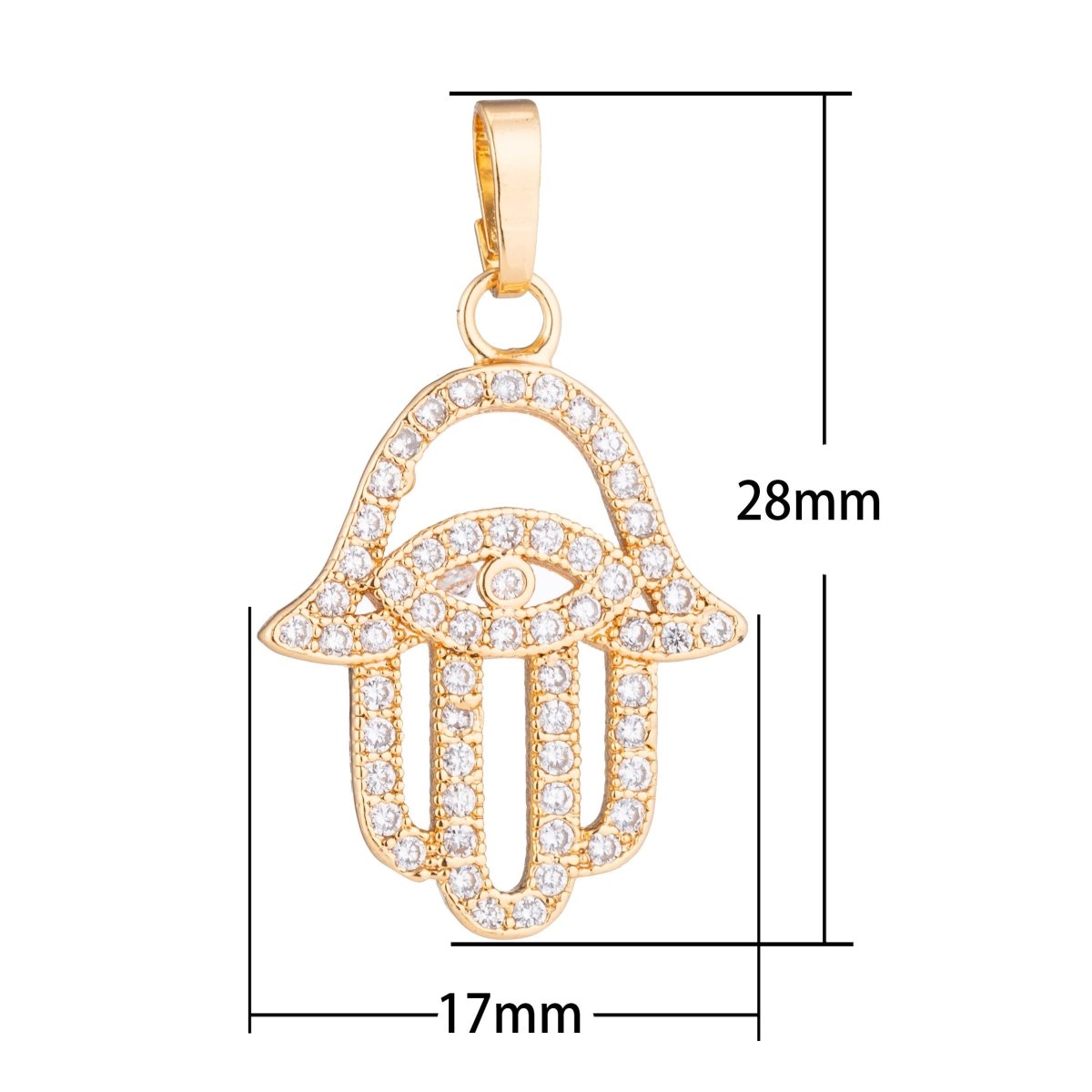 Gold Hamsa Hand, Evil Eye, Spiritual, Religion, Amulet Gift Cubic Zirconia Necklace Pendant Charm Bead Bails Findings for Jewelry Making H-180 N-1430