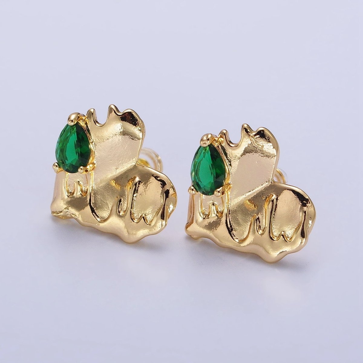 Gold Heart Molten Drip Green Teardrop CZ Stud Earrings | AB139