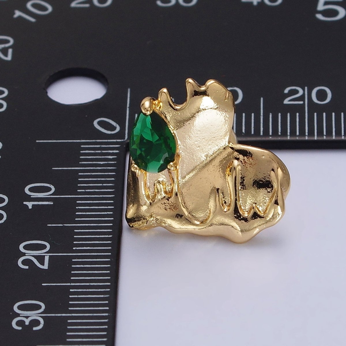 Gold Heart Molten Drip Green Teardrop CZ Stud Earrings | AB139