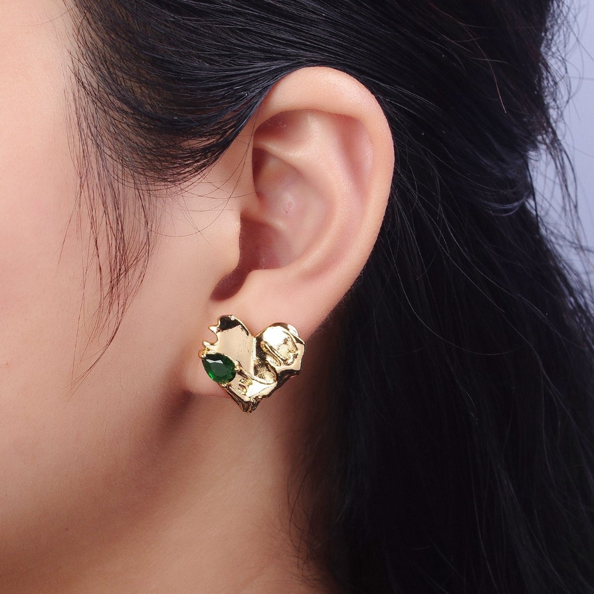 Gold Heart Molten Drip Green Teardrop CZ Stud Earrings | AB139
