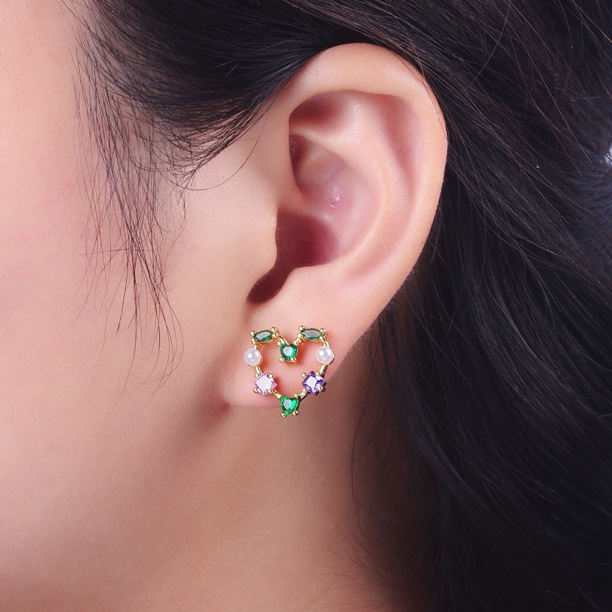 Gold Heart Shape Multi Color CZ Stud Earring AD-083