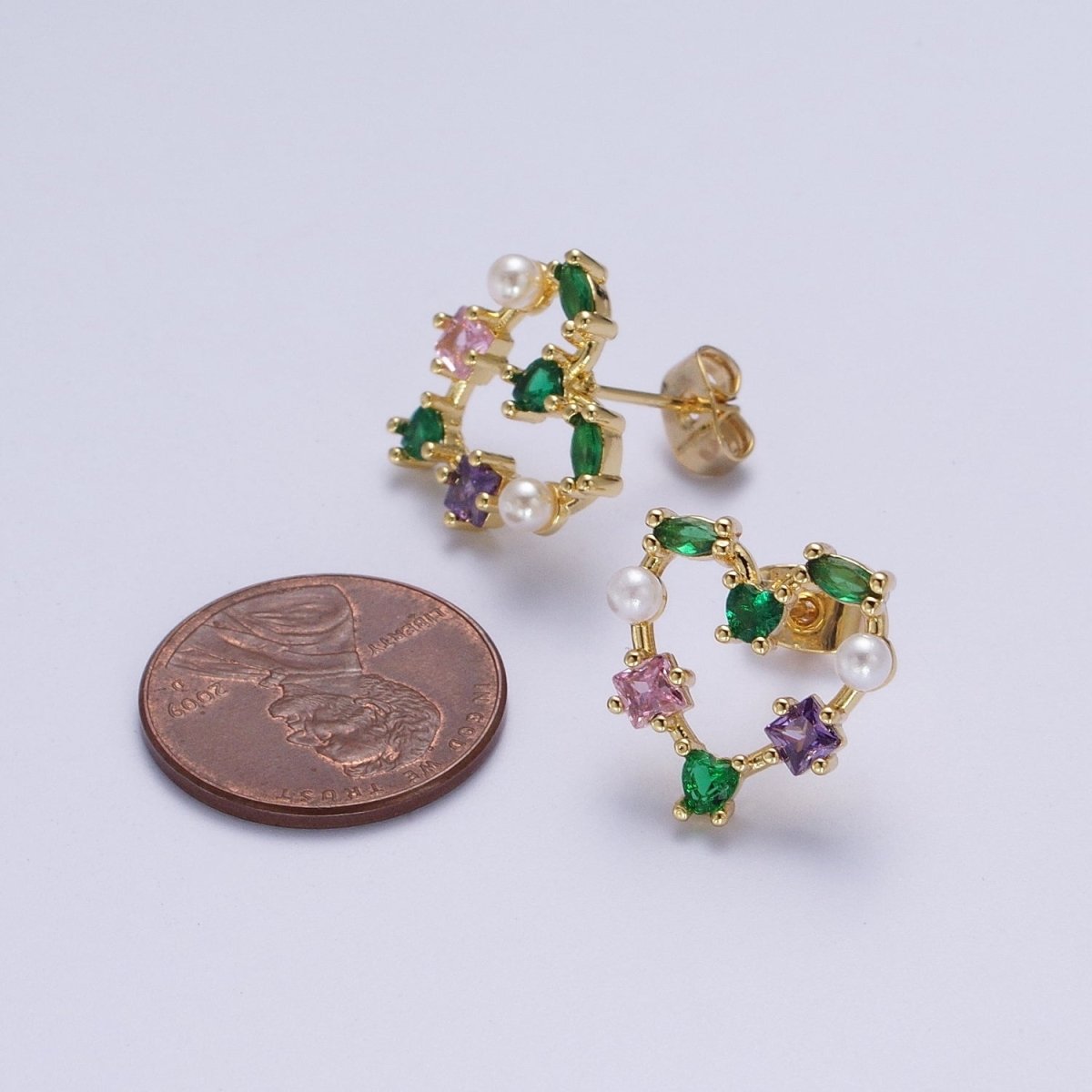 Gold Heart Shape Multi Color CZ Stud Earring AD-083