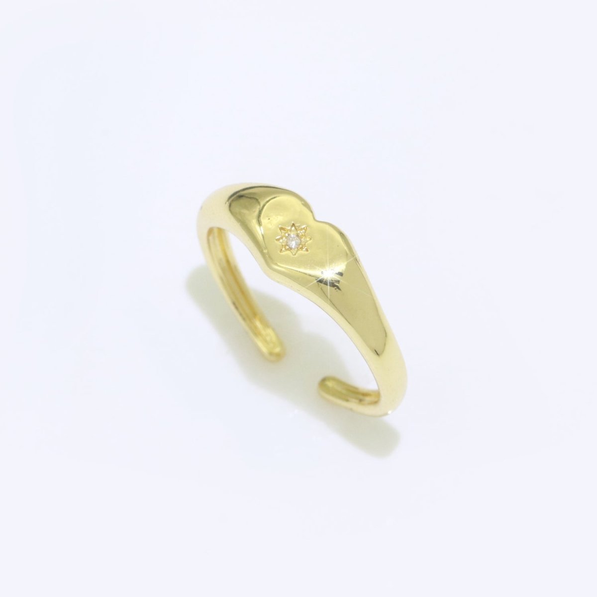 Gold Heart Signet Ring Open Adjustable Ring CZ Polaris Star burst Stackable Chunky Bold Celestial Ring Jewelry Gift, S-109