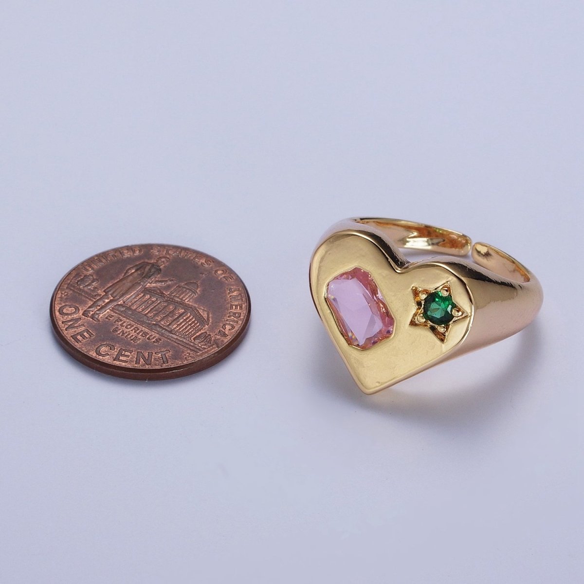 Gold Heart Signet Ring with Pink & Green Cubic Zirconia Baguette Star Stones | U-241