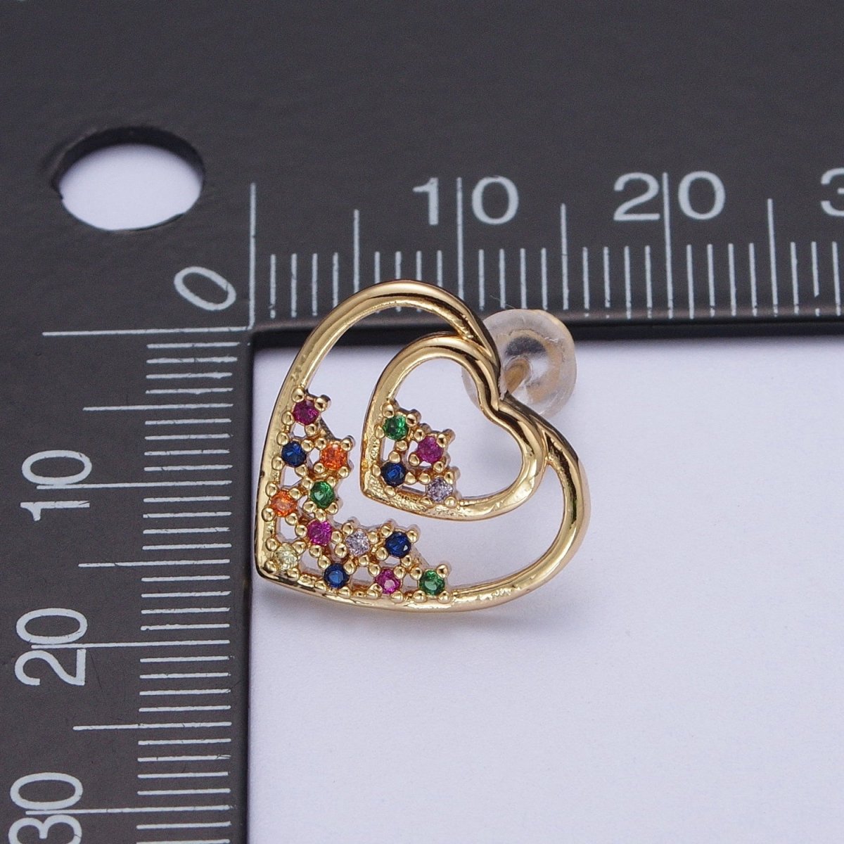 Gold Heart Stud Earring Rainbow Cz Stud Earring AE-1026
