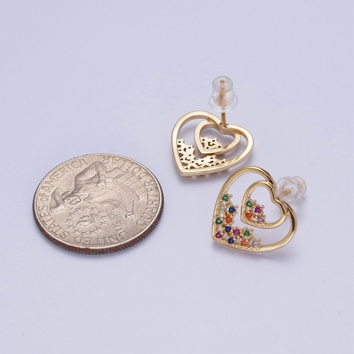 Gold Heart Stud Earring Rainbow Cz Stud Earring AE-1026