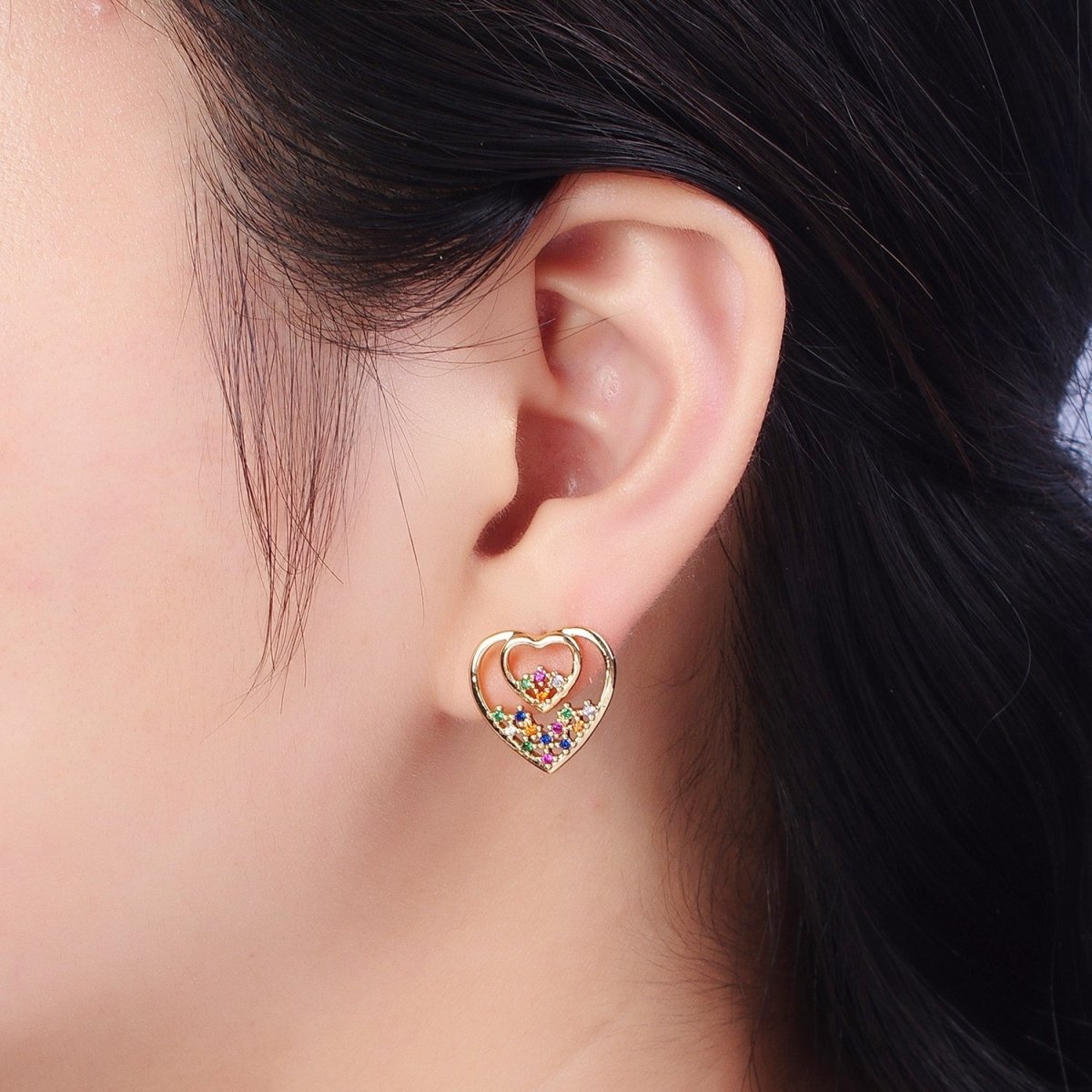 Gold Heart Stud Earring Rainbow Cz Stud Earring AE-1026