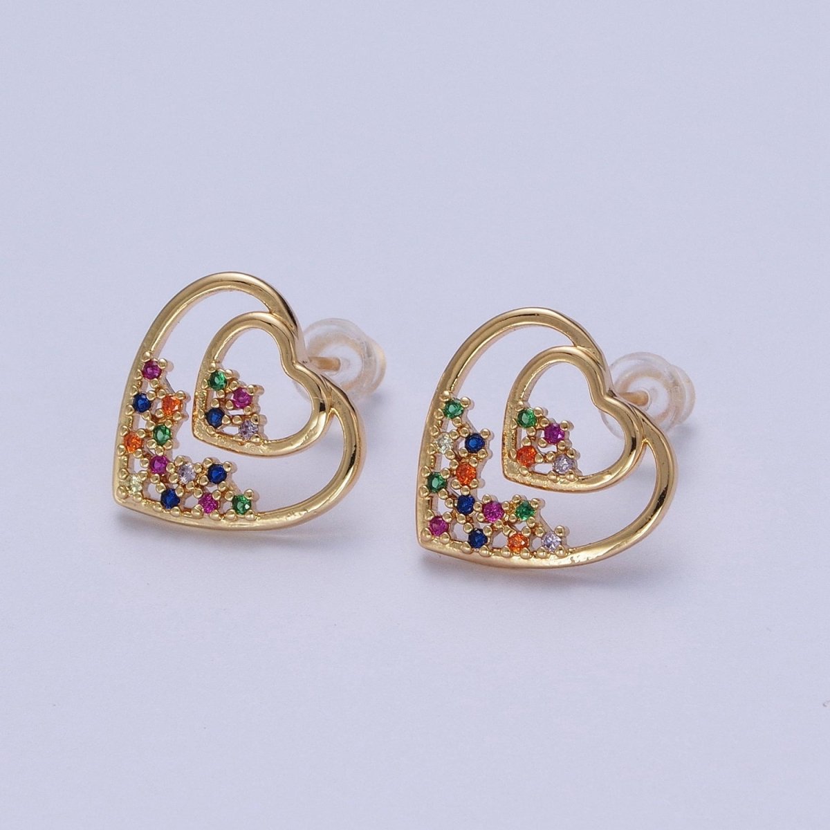Gold Heart Stud Earring Rainbow Cz Stud Earring AE-1026