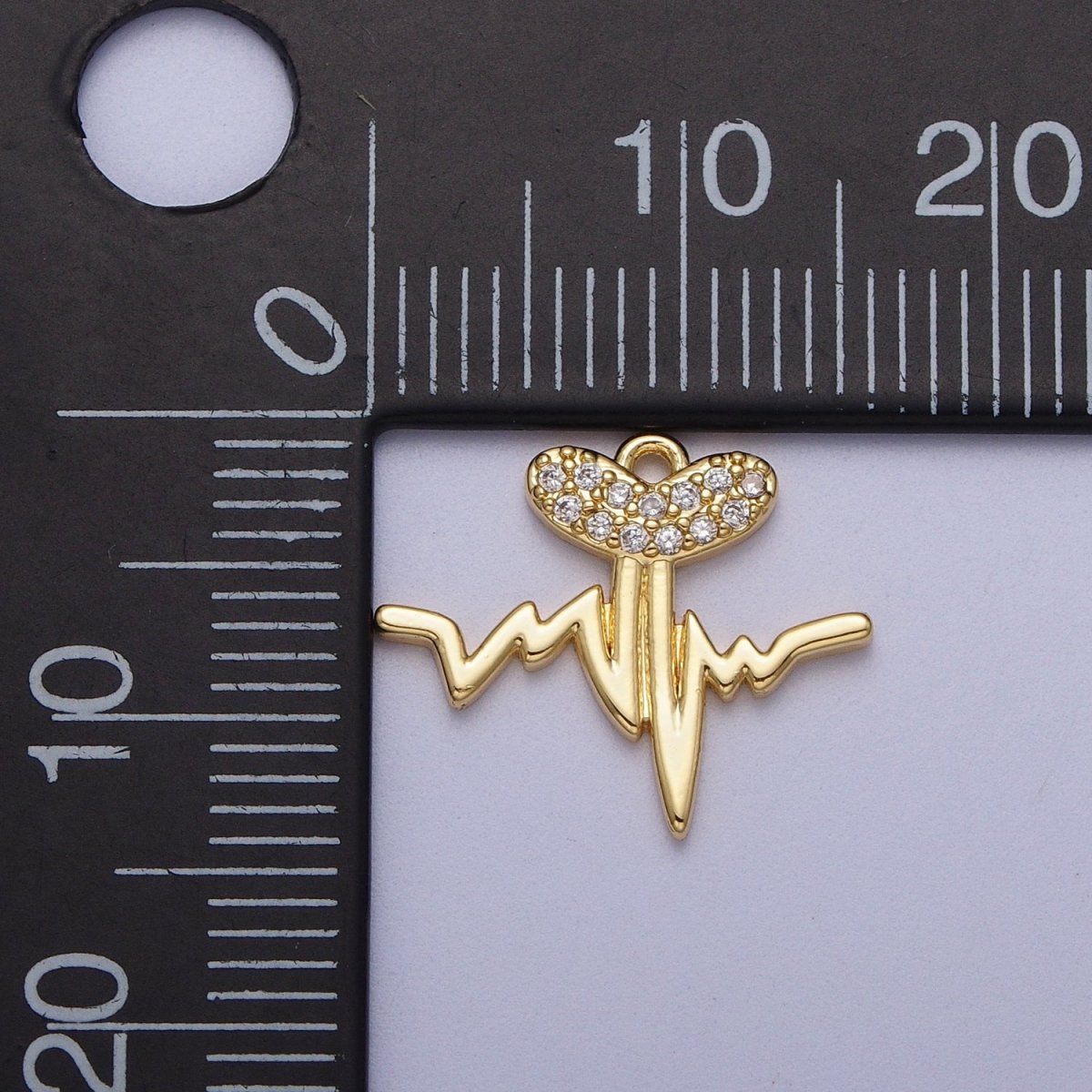 Gold Heartbeat Line Frequency Pulse Micro Paved CZ Heart Charm | C-855