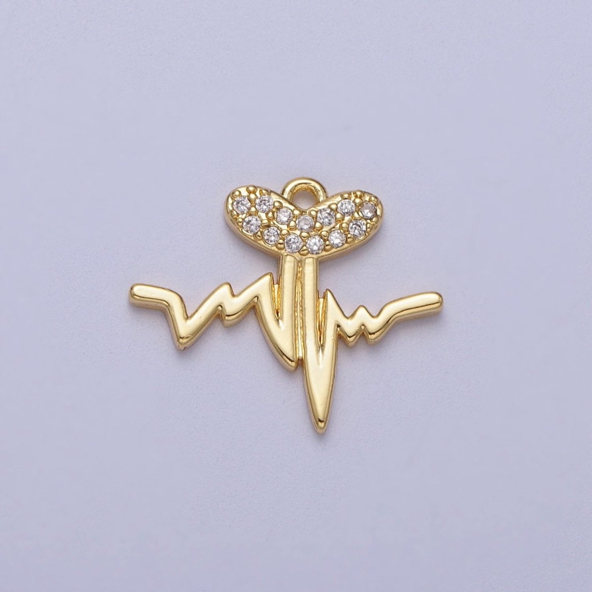 Gold Heartbeat Line Frequency Pulse Micro Paved CZ Heart Charm | C-855