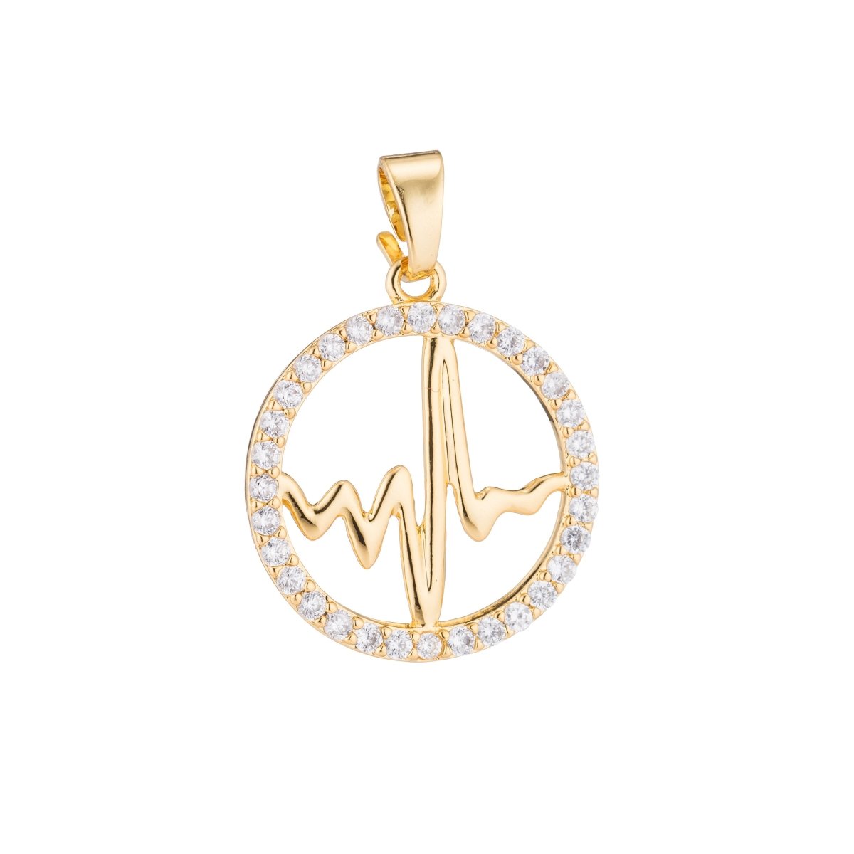 Gold Heartbeat, Pulse Strength Science Medical Doctor Nurse Cubic Zirconia Necklace Pendant Charm Bead Bails Findings for Jewelry Making H-076