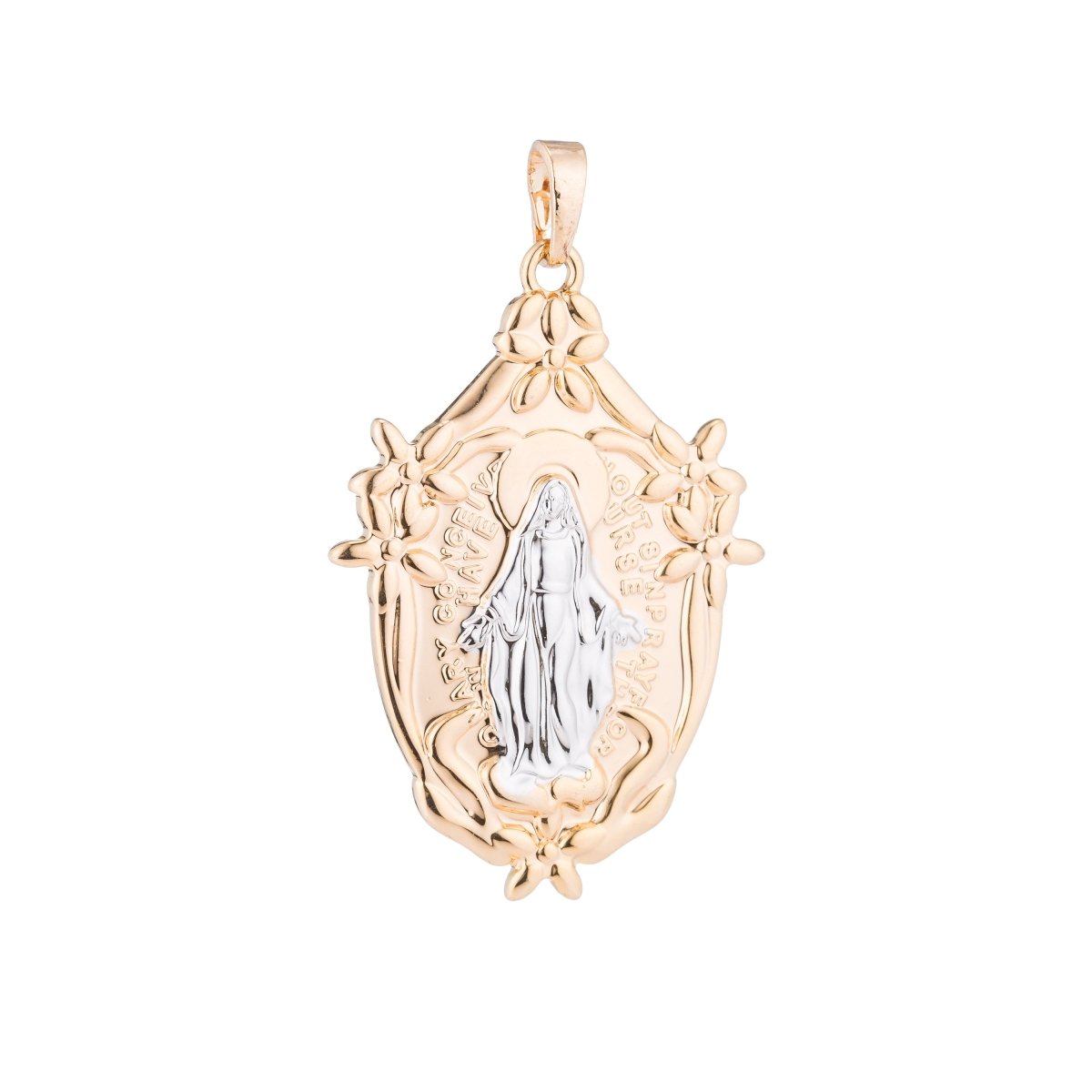 Gold Holy Virgin Mary, Mother of Jesus, Flower, Catholic Saint, Miraculous Necklace Pendant Charm Bead Bails Findings for Jewelry Making H-526