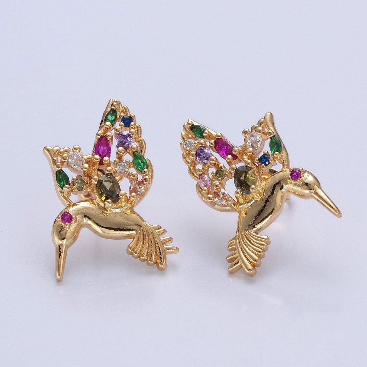 GOLD Hummingbird Stud Earrings, Bird Gift Pave Earrings T-519