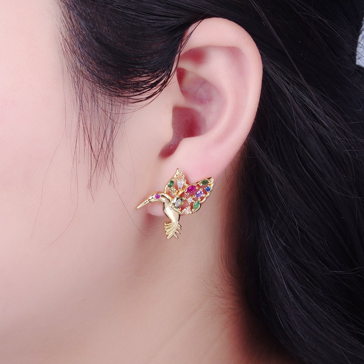 GOLD Hummingbird Stud Earrings, Bird Gift Pave Earrings T-519
