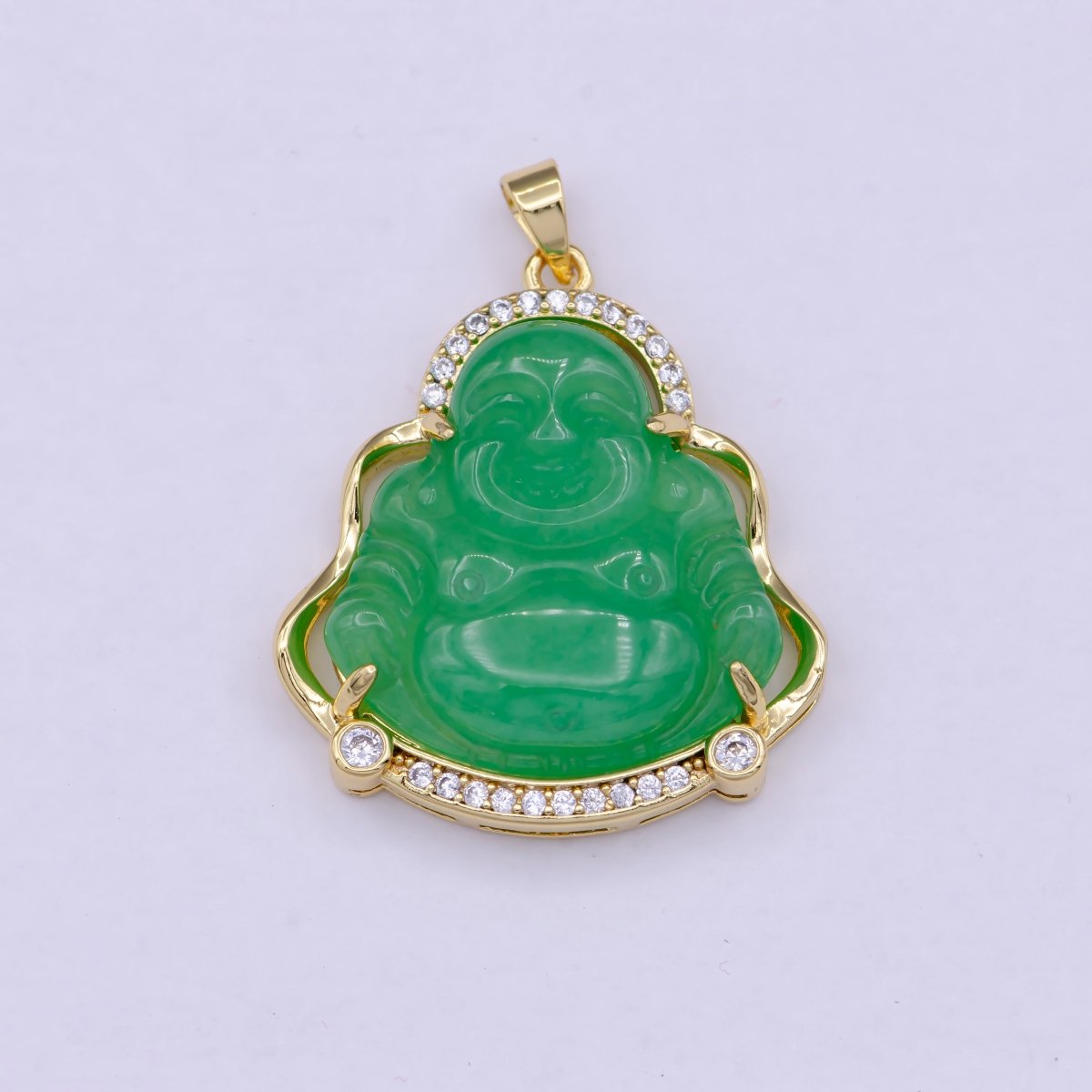 Gold Jade Buddha Pendant Micro Pave Bezel Natural Stone Laughing Buddha Jade Gold Filled Pendant, AH-211