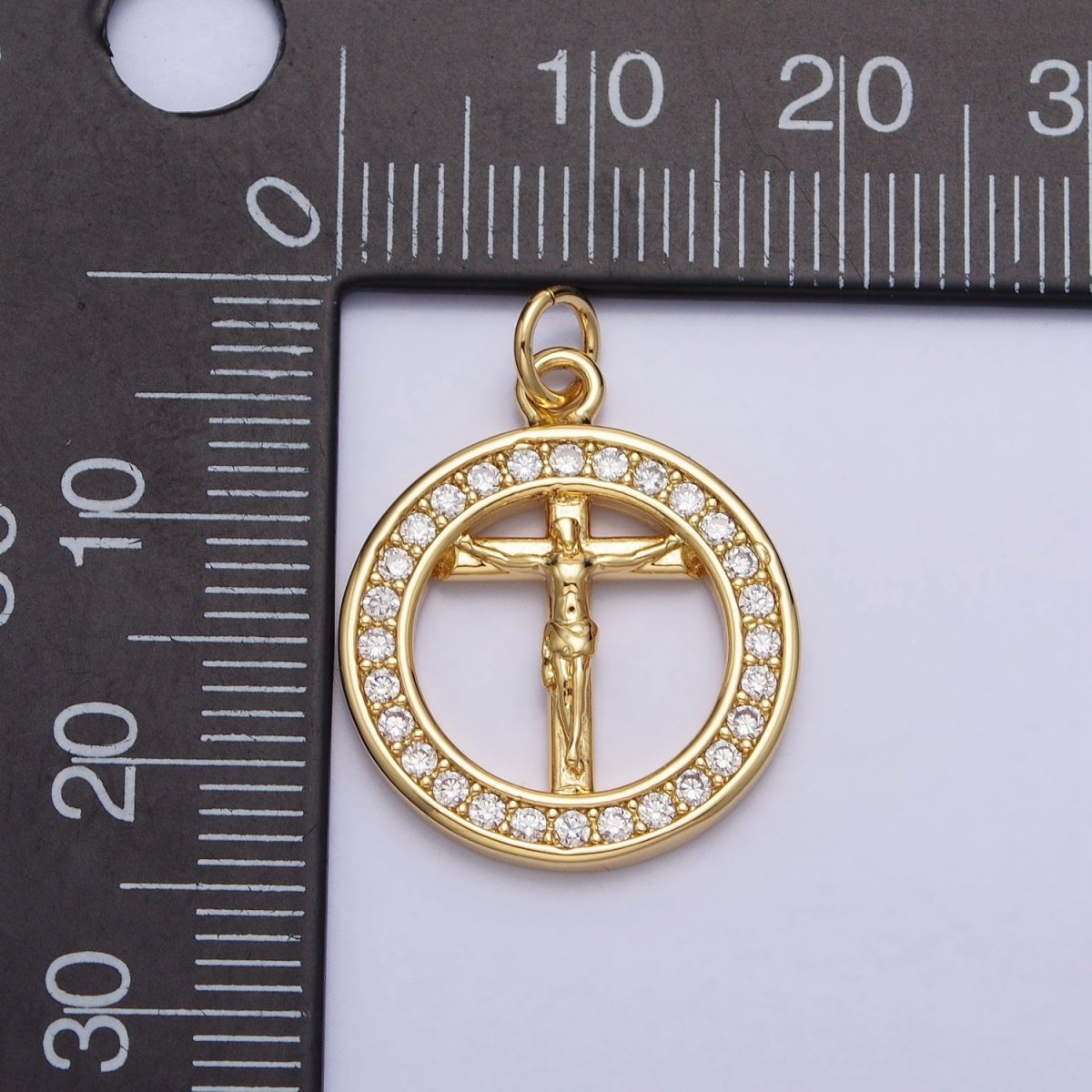 Gold Jesus Crucifix Cross Micro Paved 18mm Open Round Charm | AC672