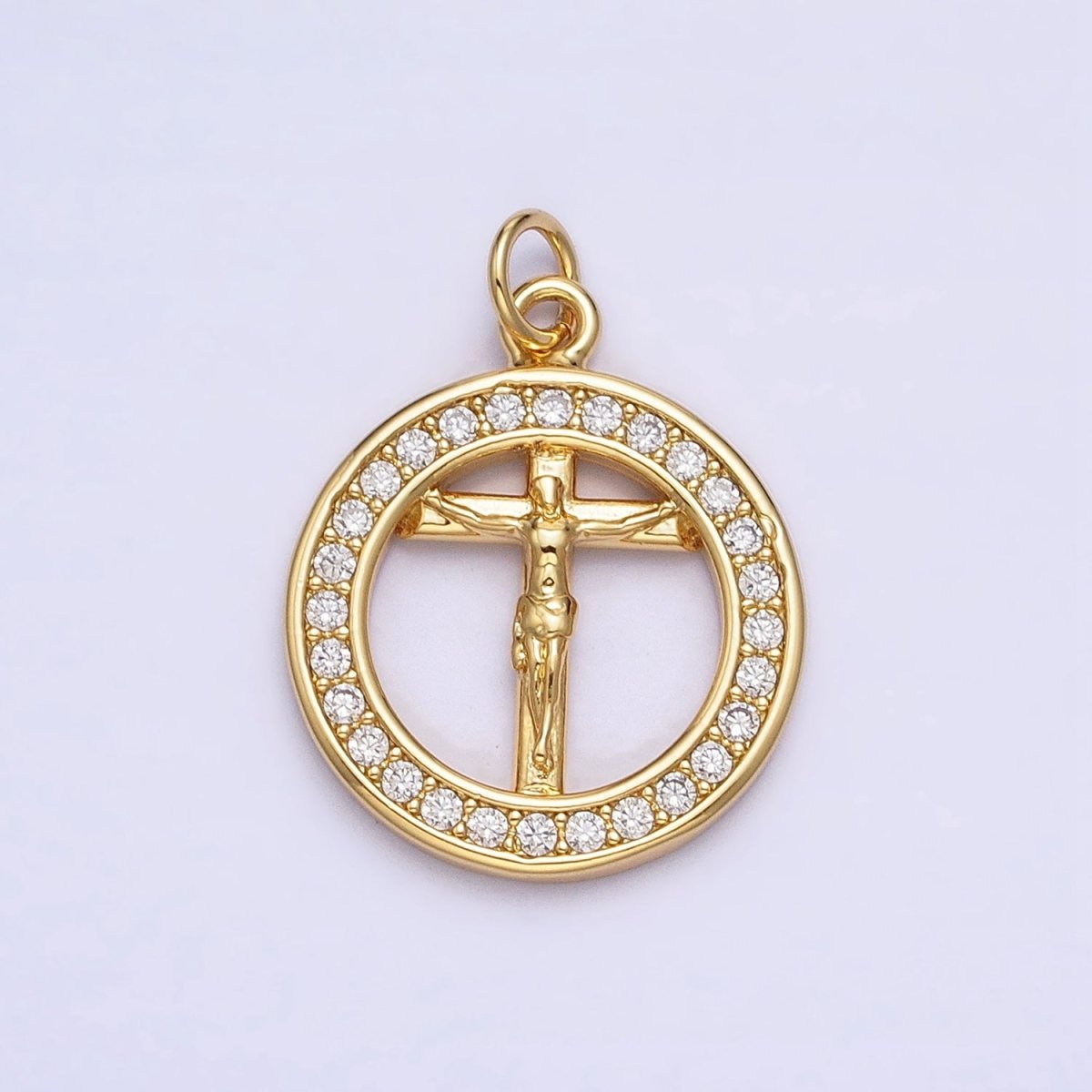 Gold Jesus Crucifix Cross Micro Paved 18mm Open Round Charm | AC672