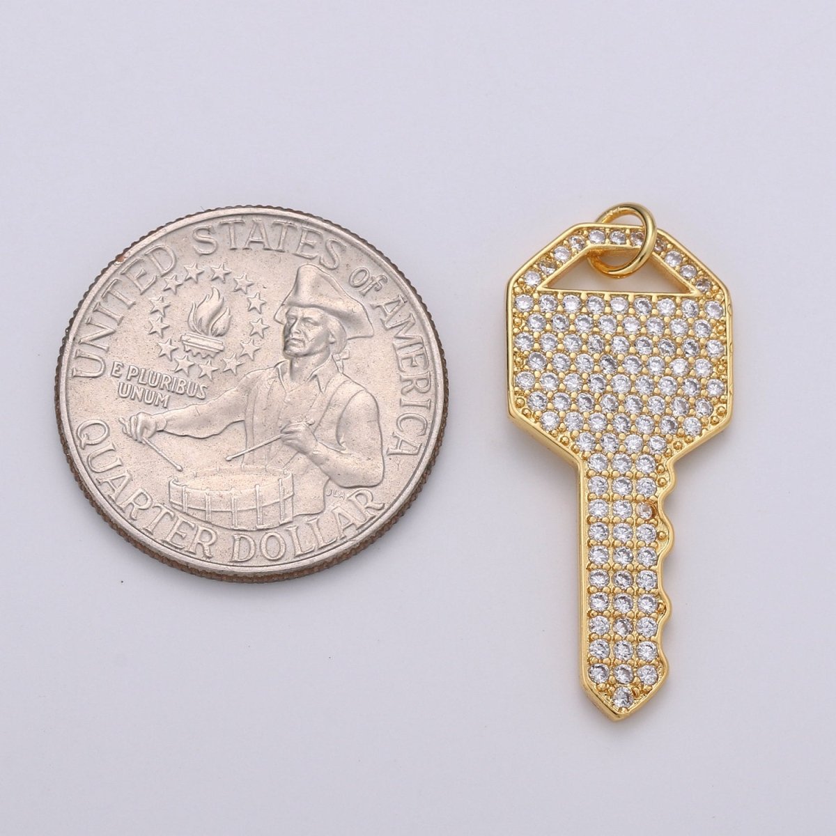 Gold Key CZ Micro Pave Charm Pendant, Key Charm, Key Pendant, Key Necklace, Charm Bracelet, Cubic Zirconia, Charm, 34x15mm D-340