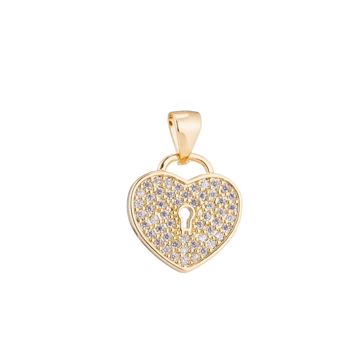 Gold Key to My Heart, Locked in Love, Promise, Women, Teens Cubic Zirconia Necklace Pendant Charm Bead Bails Findings for Jewelry Making H-341