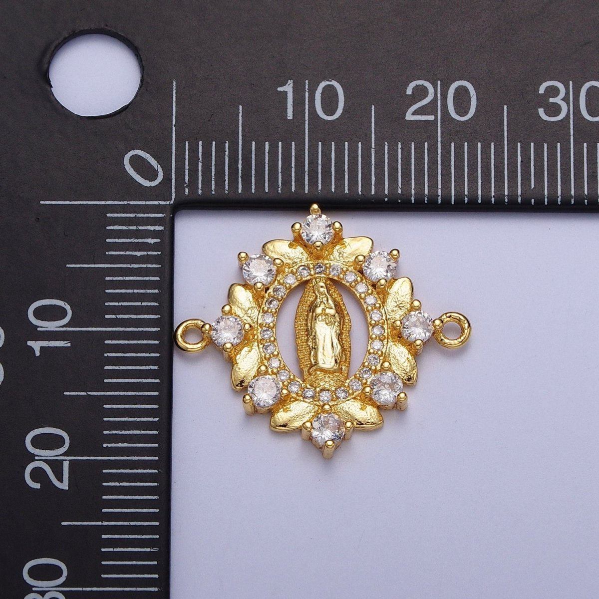 Gold Lady Guadalupe Floral Wreath Cubic Zirconia Connector Findings | G-558