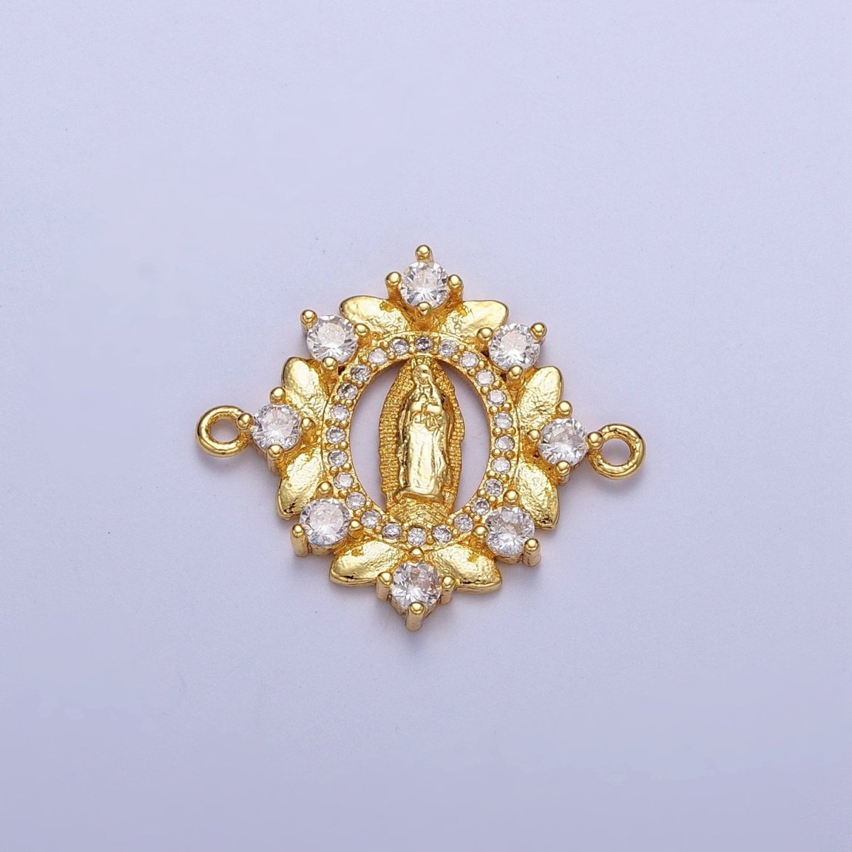 Gold Lady Guadalupe Floral Wreath Cubic Zirconia Connector Findings | G-558