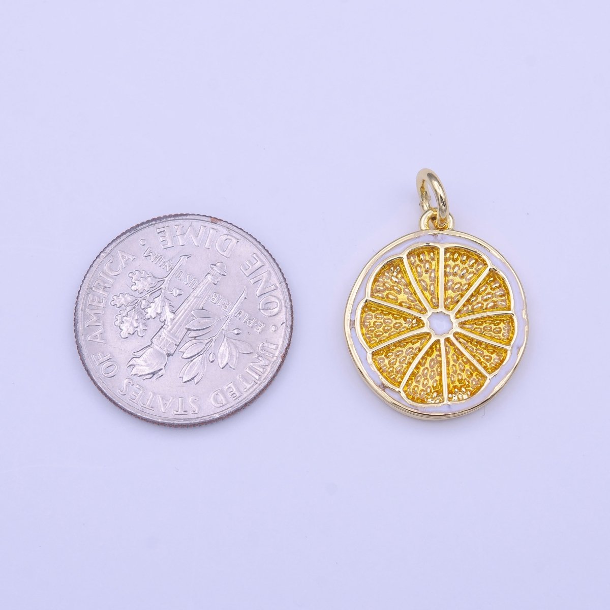 Gold Lemon Fruit White Yellow Enamel Round Charm | C-694