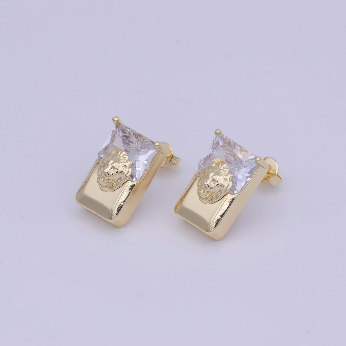 Gold Lion Head Stud Earrings Gold Filled Lion Head Stud CZ Post Piercing, Womens Hiphop Streetwear Jewelry | T-334