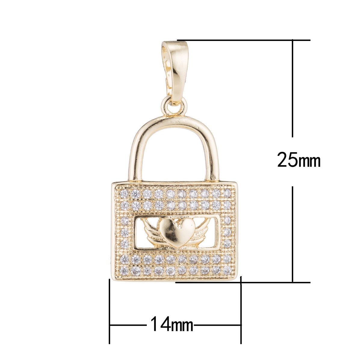 Gold Lock Heart, Wings, Romantic, Love, Romance, Couple DIY Cubic Zirconia Necklace Pendant Charm Bead Bails Findings for Jewelry Making H-072