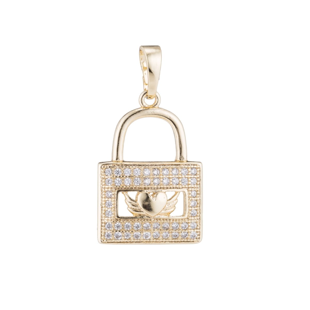 Gold Lock Heart, Wings, Romantic, Love, Romance, Couple DIY Cubic Zirconia Necklace Pendant Charm Bead Bails Findings for Jewelry Making H-072