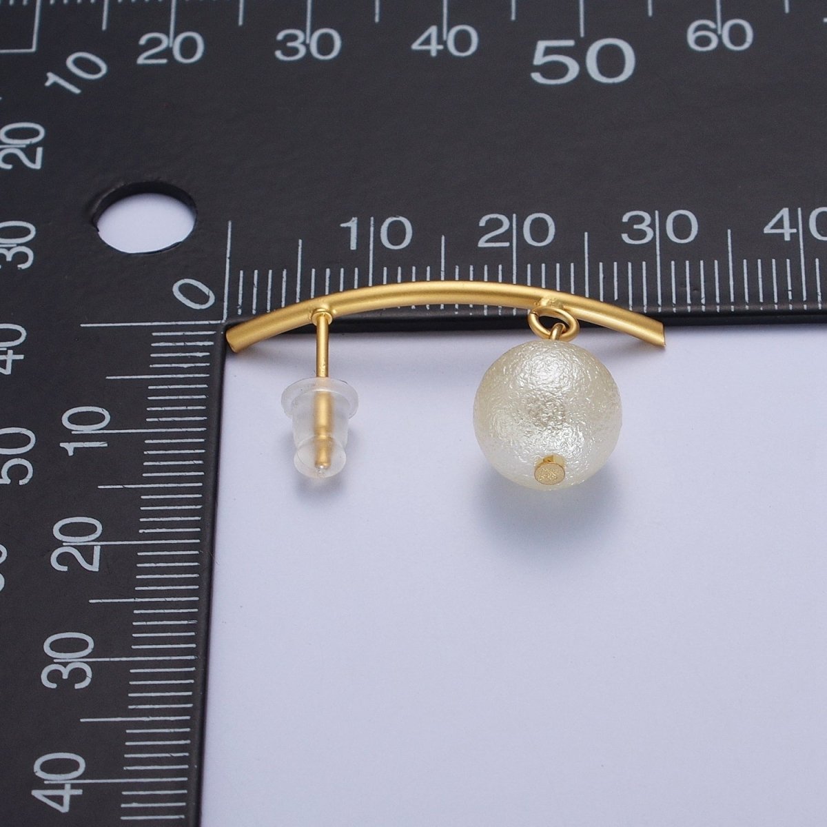 Gold Long Arc Line Drop White Pearl Geometric Stud Earrings | AD-518