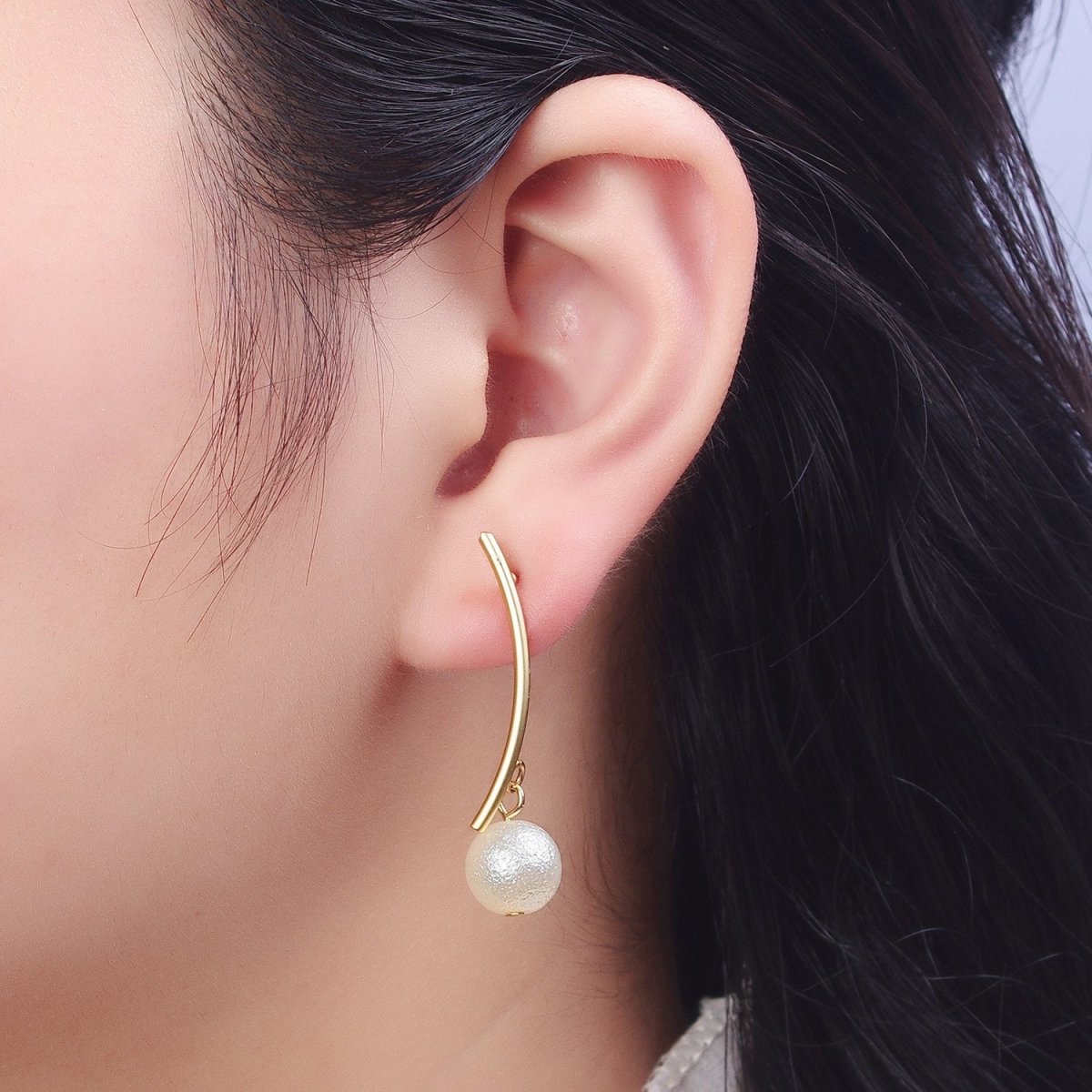 Gold Long Arc Line Drop White Pearl Geometric Stud Earrings | AD-518