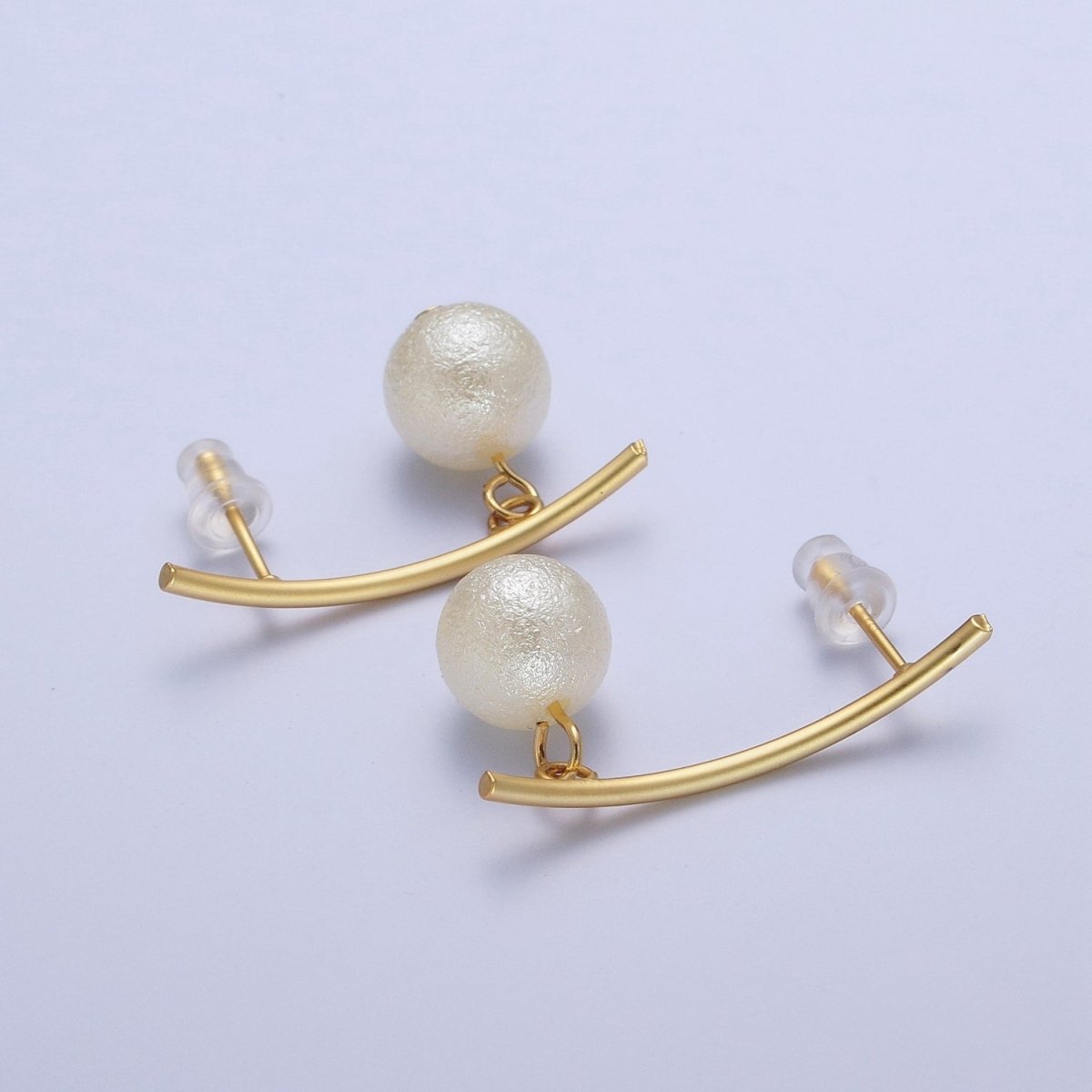 Gold Long Arc Line Drop White Pearl Geometric Stud Earrings | AD-518