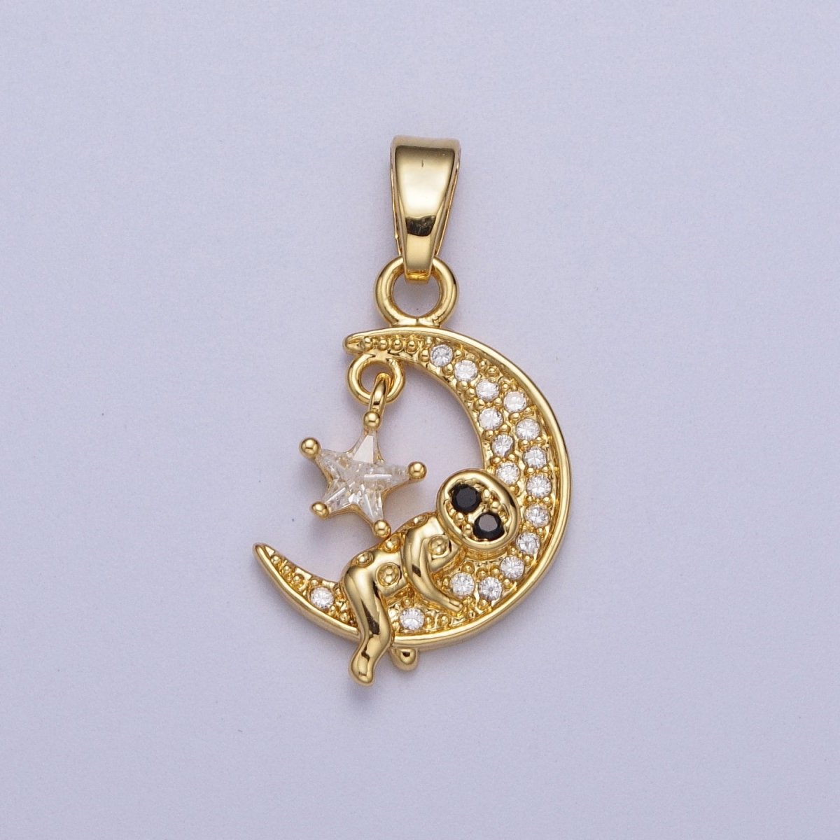 Gold Man on the Crescent Moon with Star CZ Celestial Pendant For DIY Jewelry Making | X-670