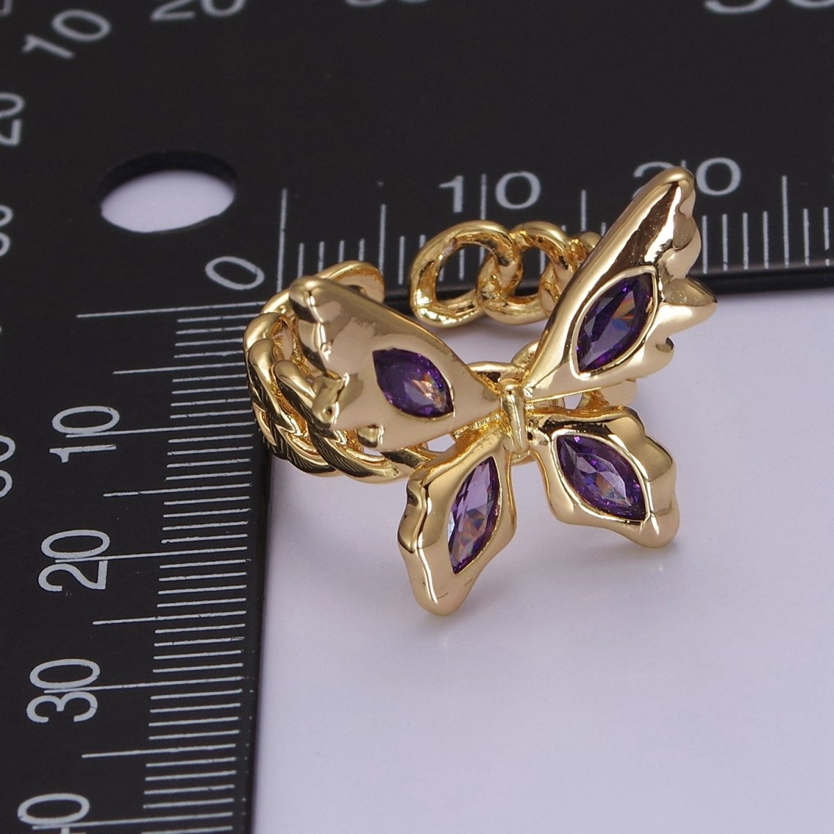 Gold Mariposa Ring Purple Butterfly Rig in 18k Gold Filled Band Statement Jewelry O-2077