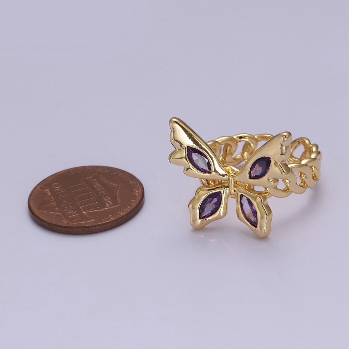 Gold Mariposa Ring Purple Butterfly Rig in 18k Gold Filled Band Statement Jewelry O-2077