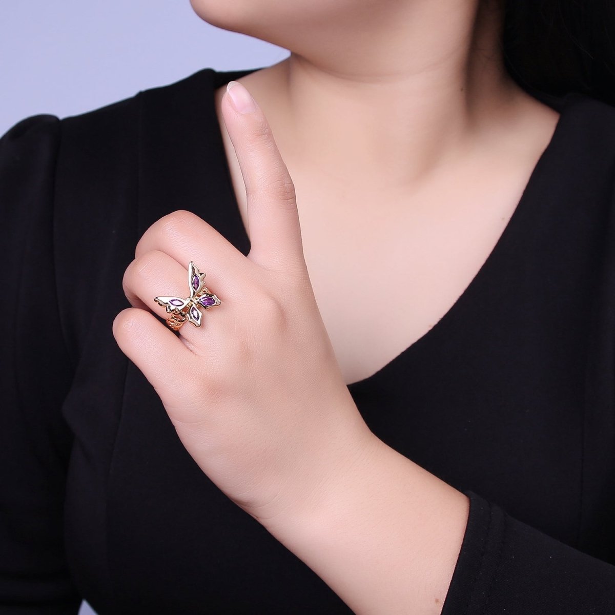 Gold Mariposa Ring Purple Butterfly Rig in 18k Gold Filled Band Statement Jewelry O-2077