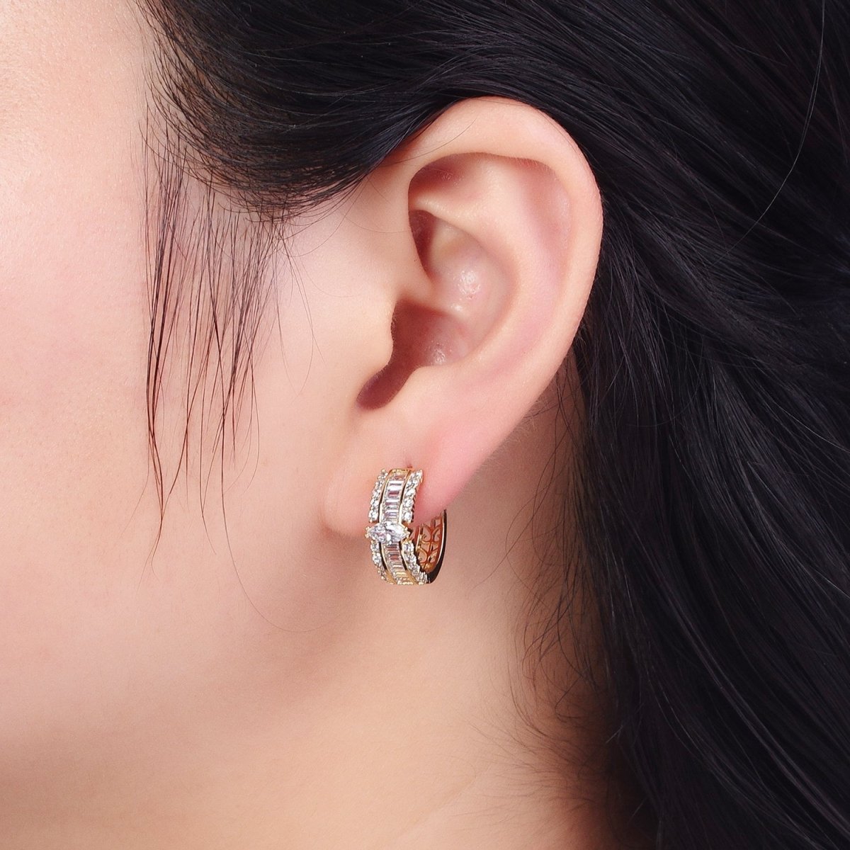 Gold Marquise Hoops Medium Huggie CZ Diamond Earrings • Dainty Hoops for your Earring AD-071