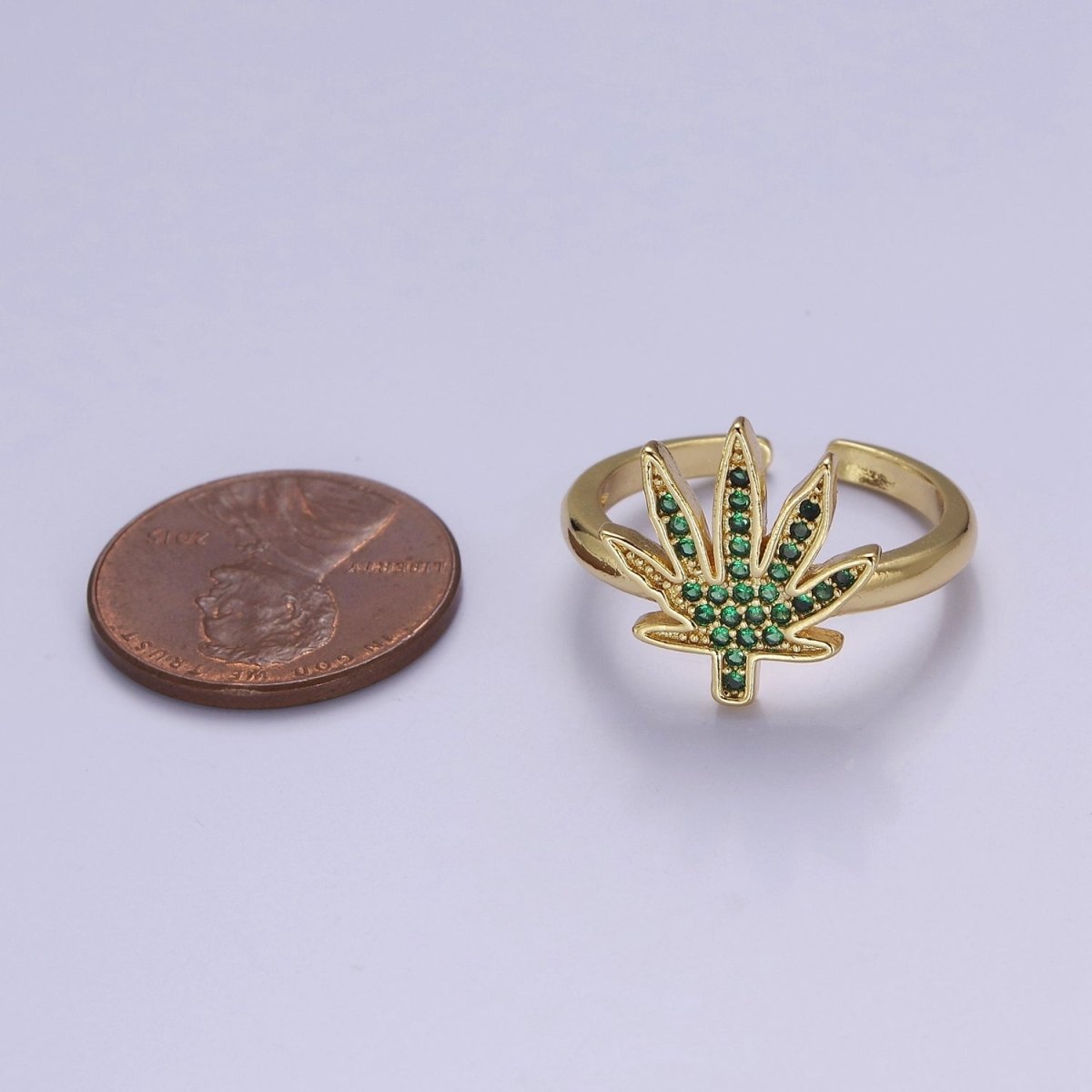 Gold Mary Jane Ring Green Weed Ring Open Adjustable Ring O-2159