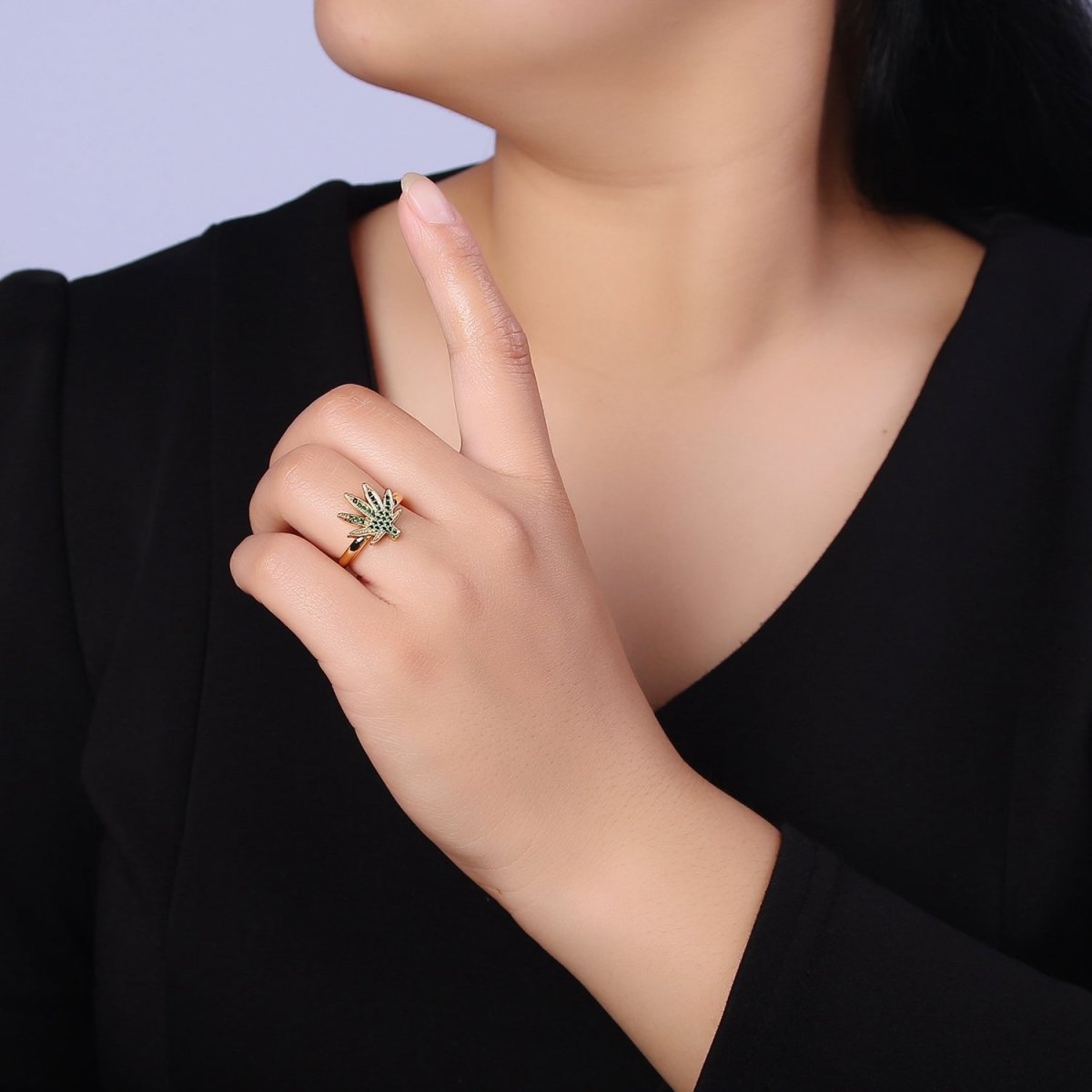 Gold Mary Jane Ring Green Weed Ring Open Adjustable Ring O-2159