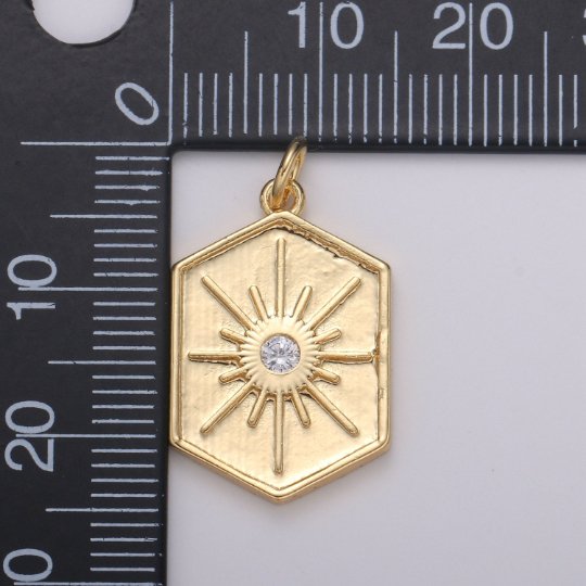 Gold Medallion Charm 14k Gold Filled Hexagon Pendant Gold Sunburst Charm Necklace Boho Chic Gold Geometric Necklace Celestial Jewelry Charm E-220