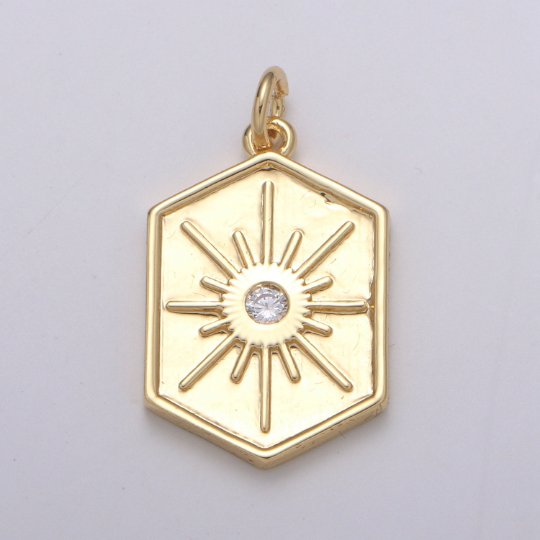 Gold Medallion Charm 14k Gold Filled Hexagon Pendant Gold Sunburst Charm Necklace Boho Chic Gold Geometric Necklace Celestial Jewelry Charm E-220