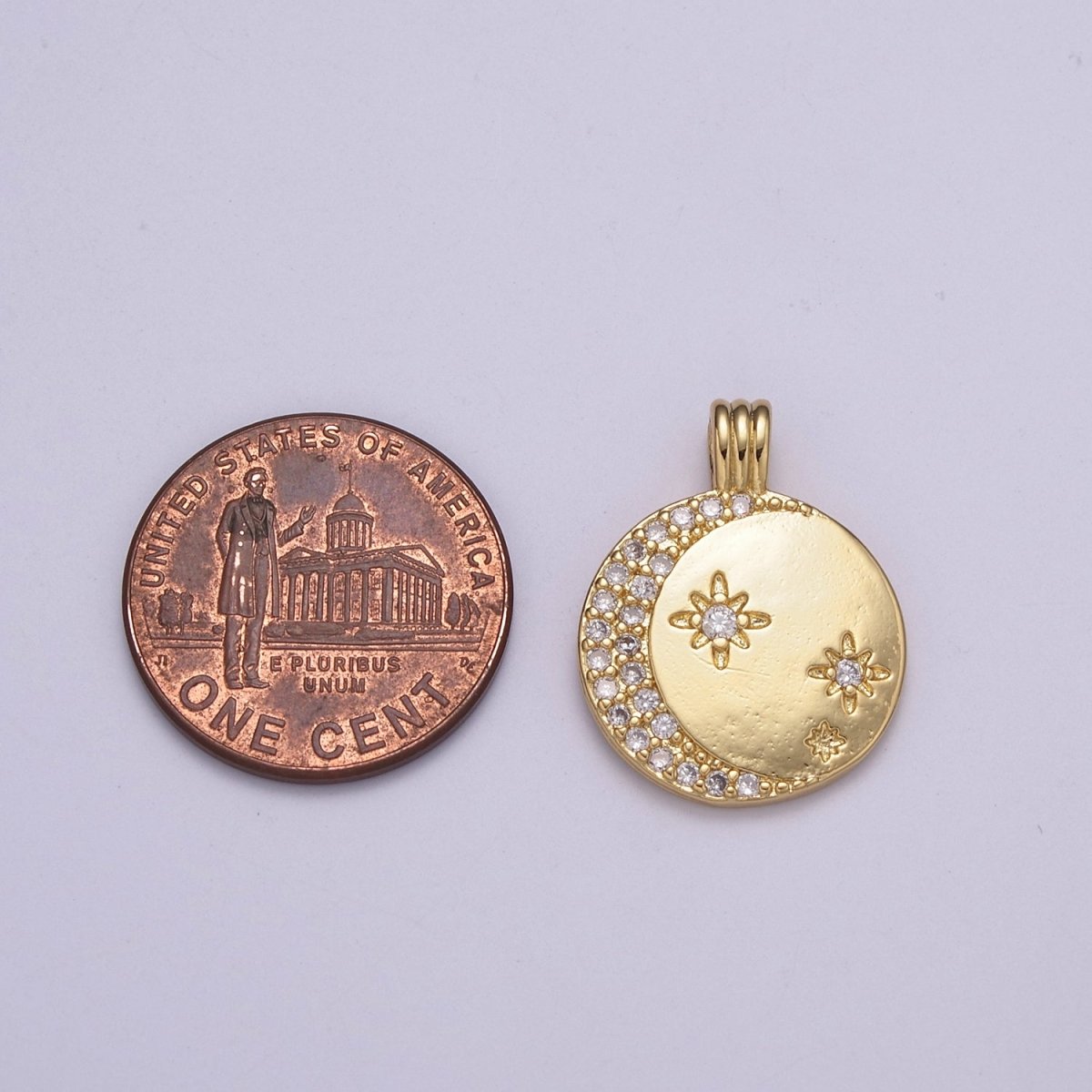 Gold Micro Pave Crescent Moon Charm Star Medallion Pendant for Necklace N-522