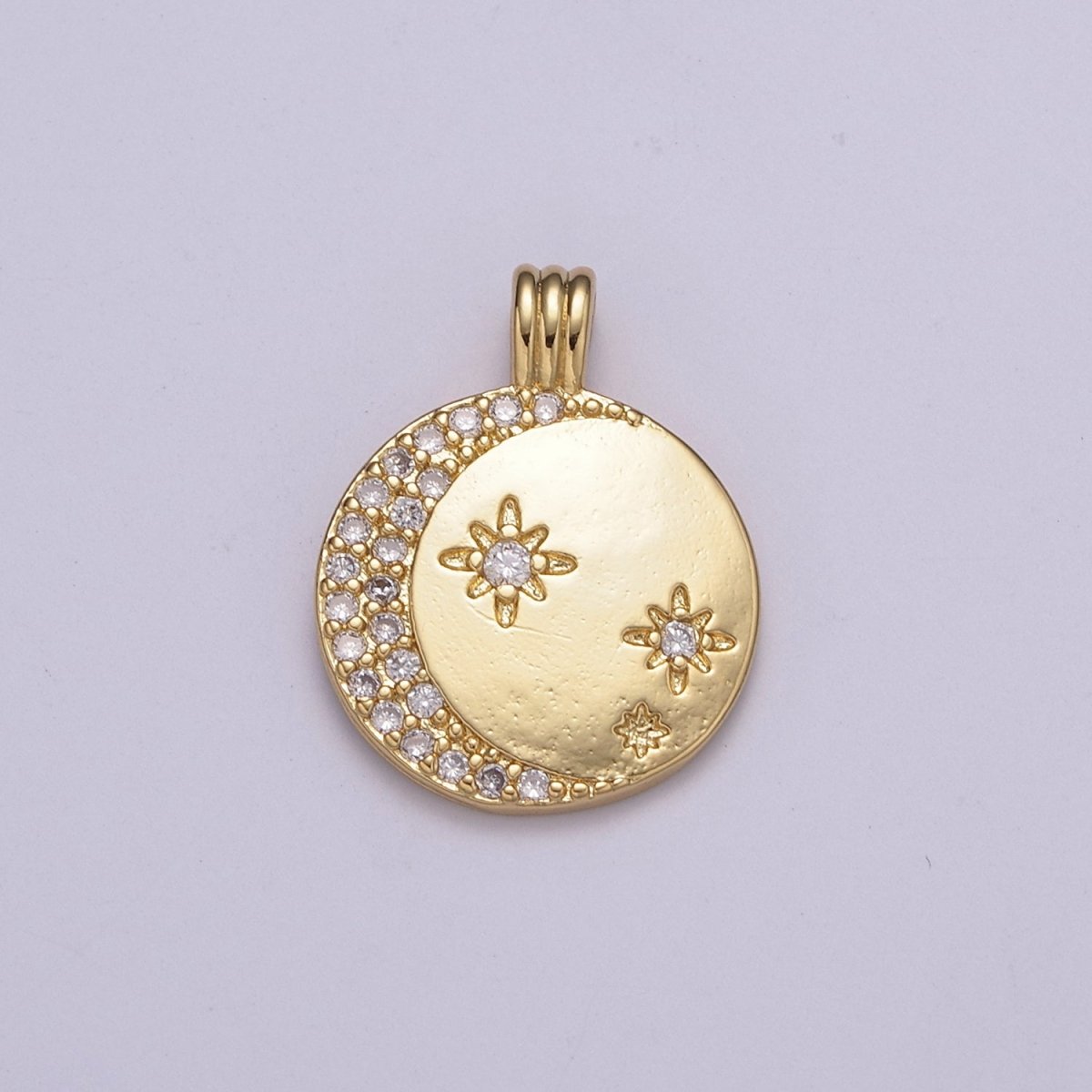 Gold Micro Pave Crescent Moon Charm Star Medallion Pendant for Necklace N-522