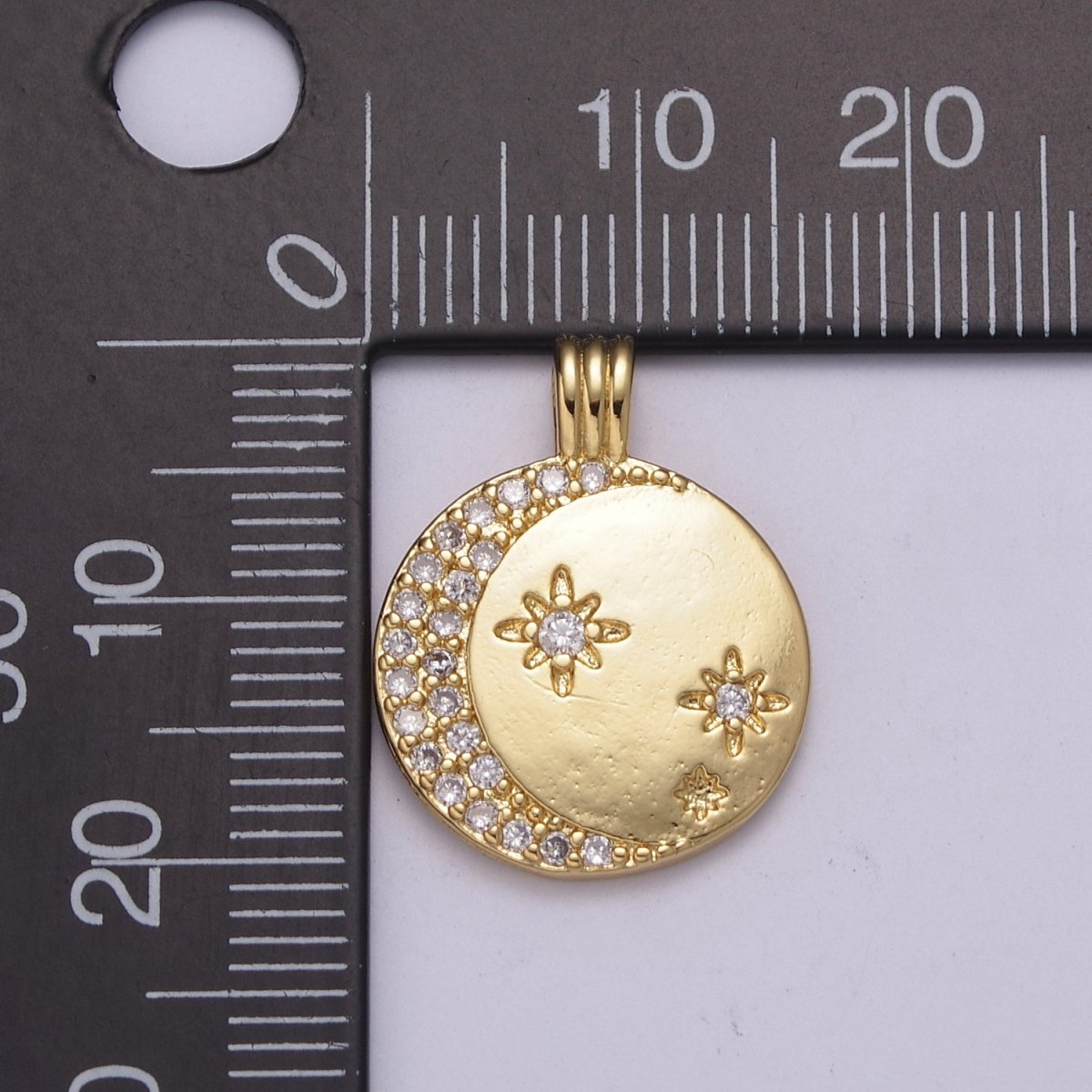 Gold Micro Pave Crescent Moon Charm Star Medallion Pendant for Necklace N-522