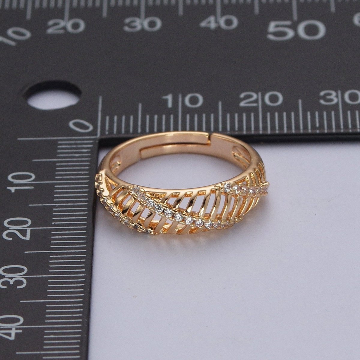 Gold Micro Pave Cubic Zirconia Open Bar Adjustable Ring R-533