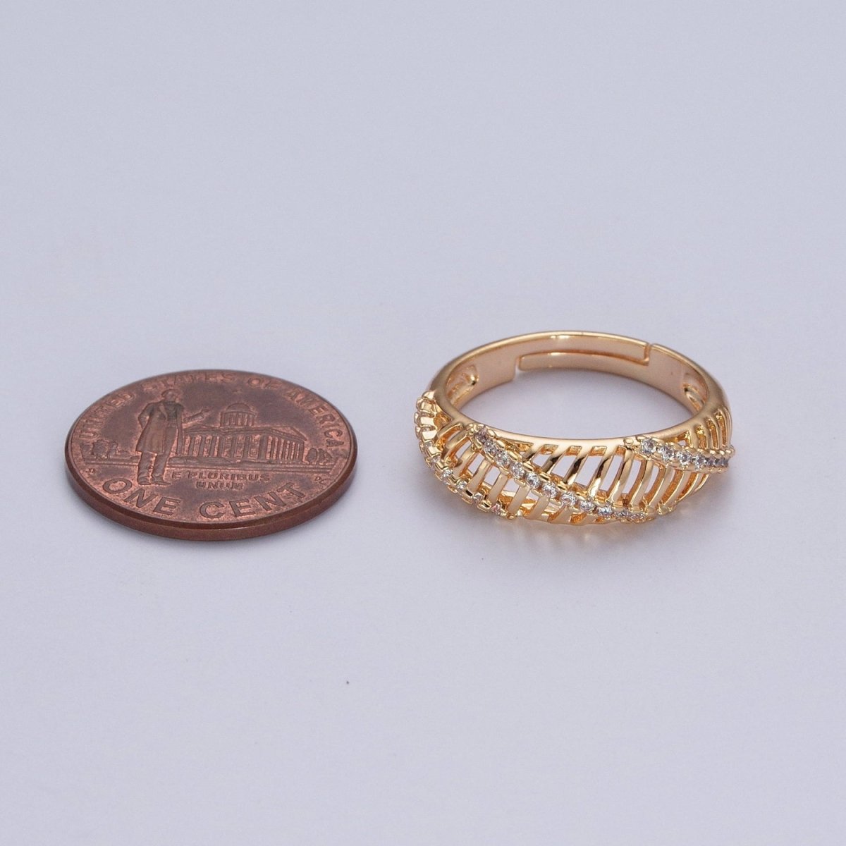 Gold Micro Pave Cubic Zirconia Open Bar Adjustable Ring R-533