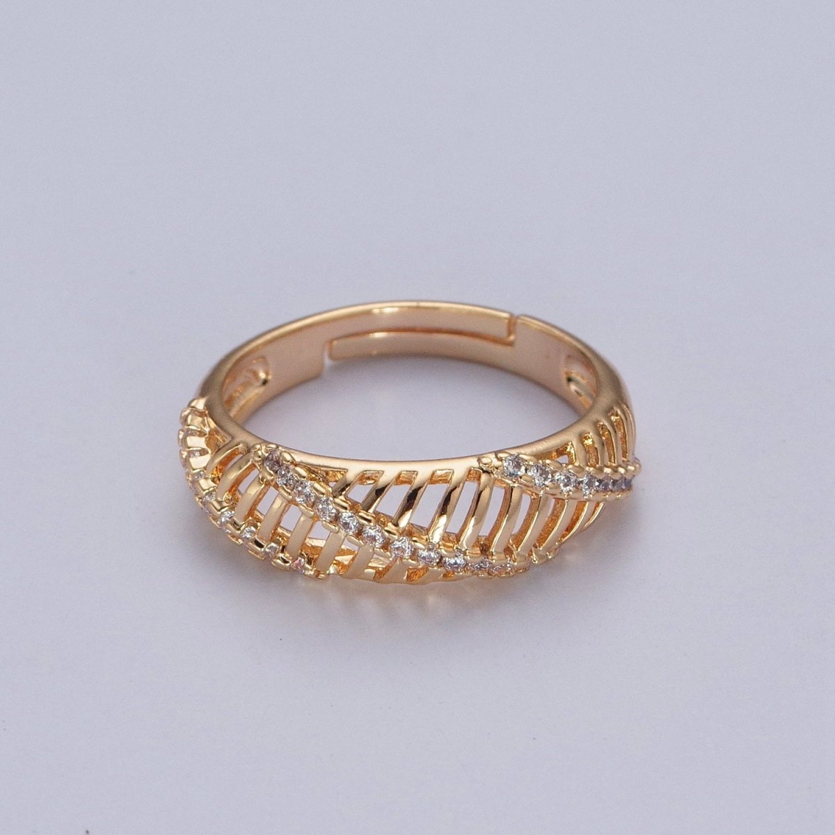 Gold Micro Pave Cubic Zirconia Open Bar Adjustable Ring R-533
