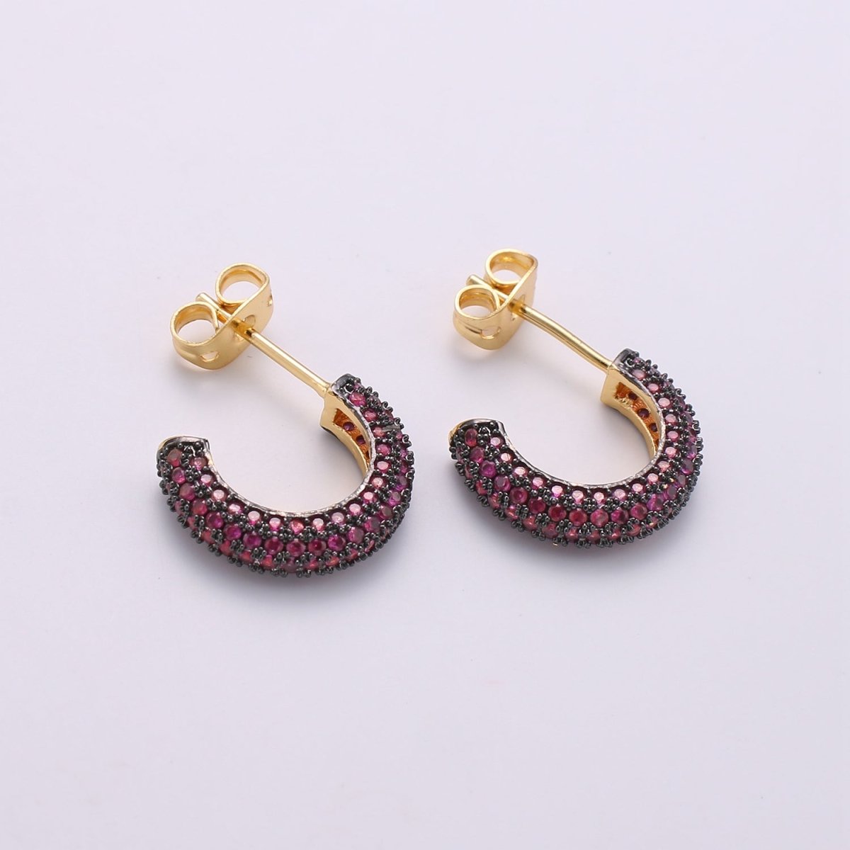 Gold Micro Pave Hoop Earrings Gold Chunky Earrings, CZ Color Hoop Earrings, Modern Style, Gold Minimalist Earrings Q-271 - Q-276